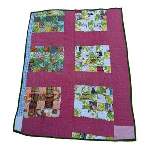 Vtg Handmade Patchwork Crazy Quilt  w/Charlie Brown Peanuts Fabric 74"x56" READ
